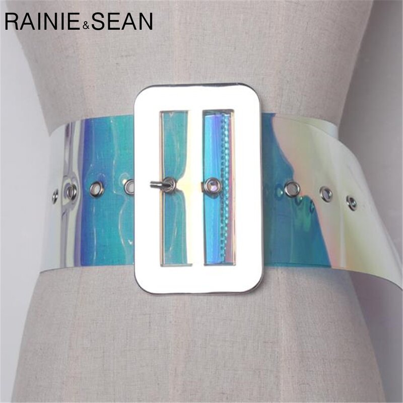 Rainie sean-女性用の幅広の透明なpvcベルト,大きな金属製のバックル,カラフルでファッショナブルな女性用ドレスベルト