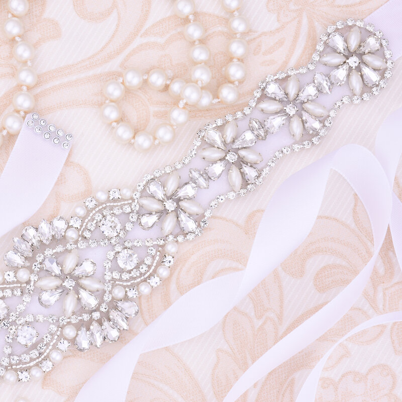 SESTHFAR  Pearls Wedding Belt Crystal Bridal Belt Sliver Rhinestones satin Bridal Sash For wedding dress accessories