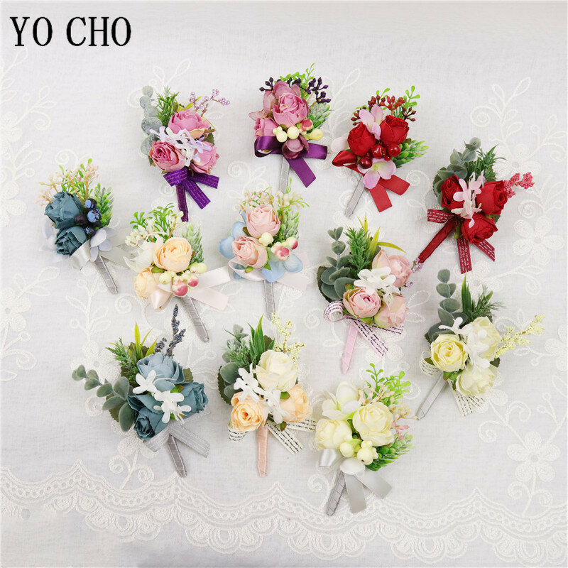 YO CHO 웨딩 Boutonniere 실크 장미 꽃 파티 소녀 손목 꽃다발, Boutonniere 신부 들러리 꽃다발 웨딩 용품