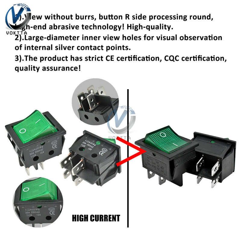 Interruptor basculante KCD4 de 25x31mm, interruptor de encendido y apagado, 2 posiciones, 4/6 Pines, contactos plateados, 30A/250V, enchufe basculante con luz