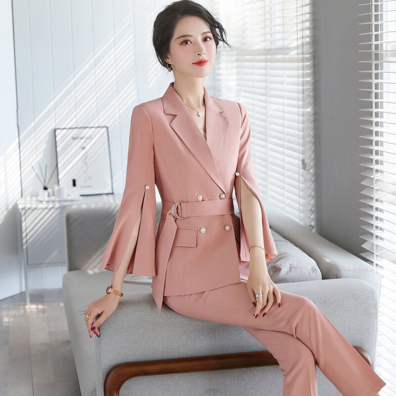 Spring Summer Women Suit Elegant Chic Slim Double Breasted Trumpet Sleeve Belt Blazers Office Lady Casual Business Pants Suits