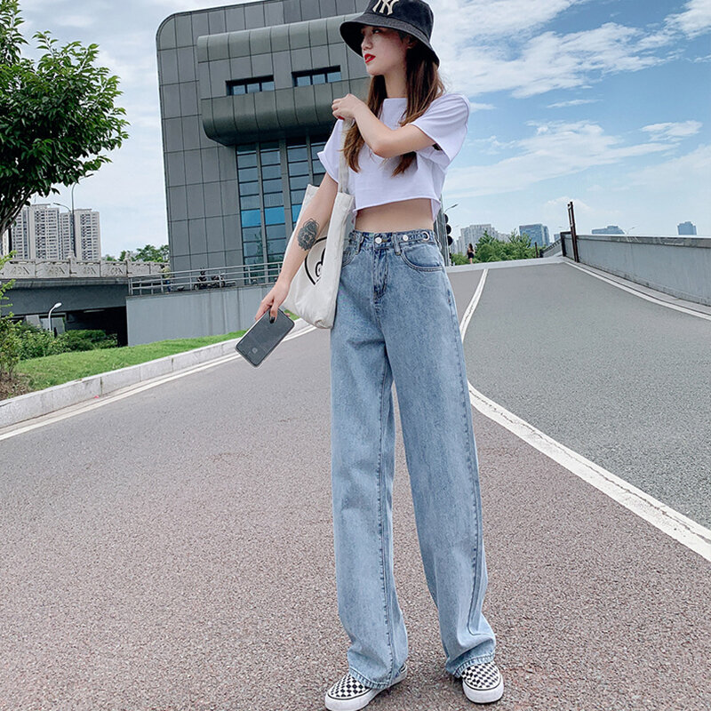 2021 여성을위한 새로운 와이드 레그 청바지 바지 데님 바지 하이 웨이스트 전장 의류 바지 Vintage Streetwear