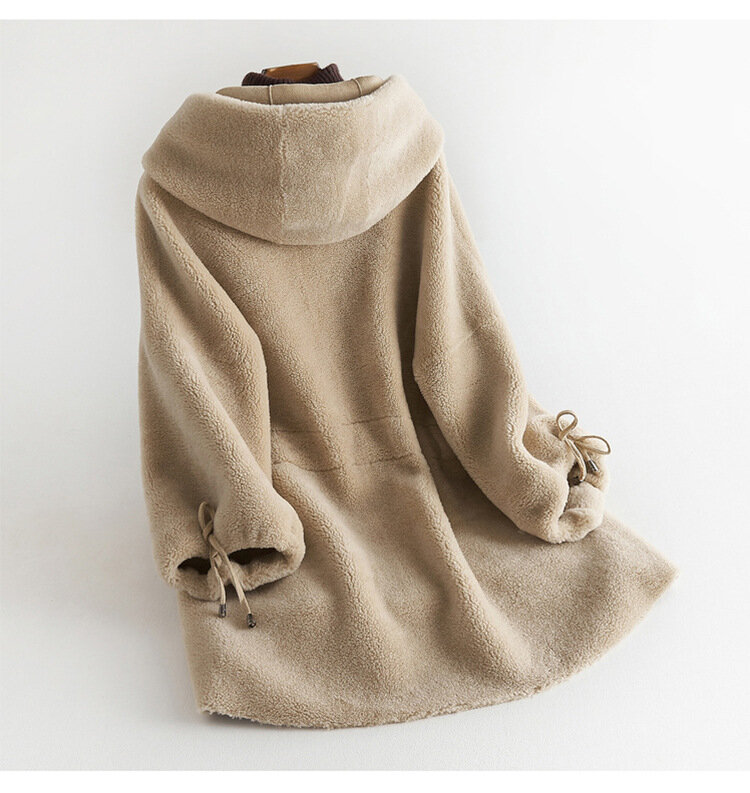 Abrigo de piel auténtica para mujer, abrigo de lana de oveja natural, con capucha y cinturón, informal, cálido, invierno