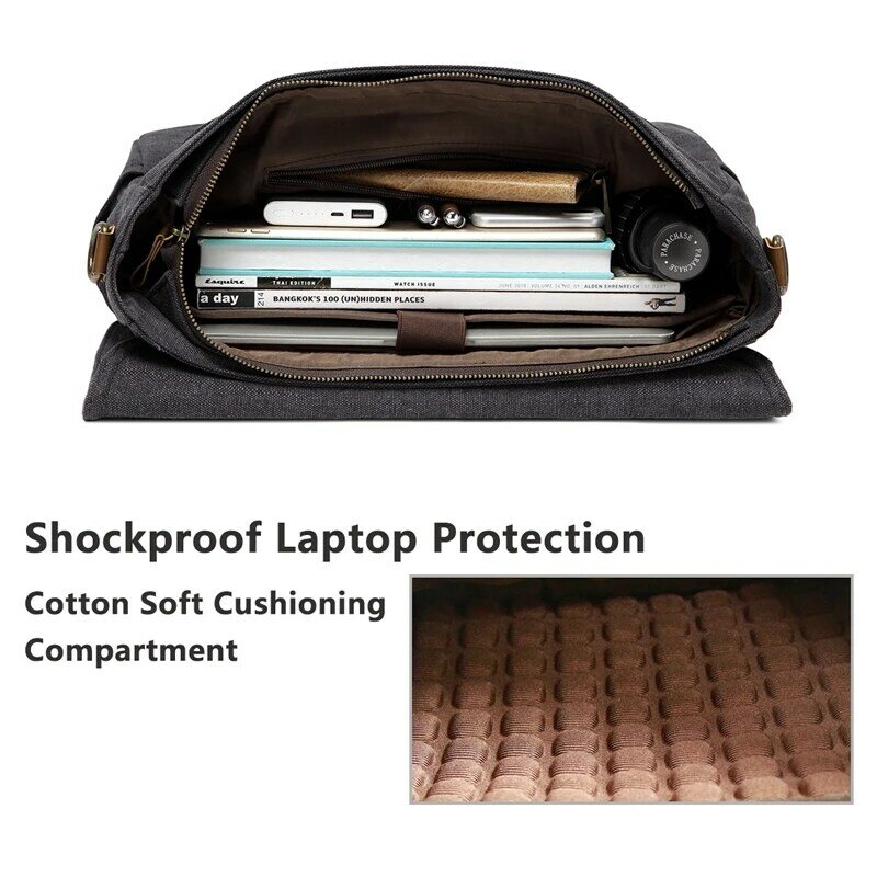 VASCHY torba dla mężczyzn w stylu Vintage, odporny na działanie wody woskowane płótno 15.6 cal teczka na laptopa wyściełana torba na ramię dla mężczyzn kobiety