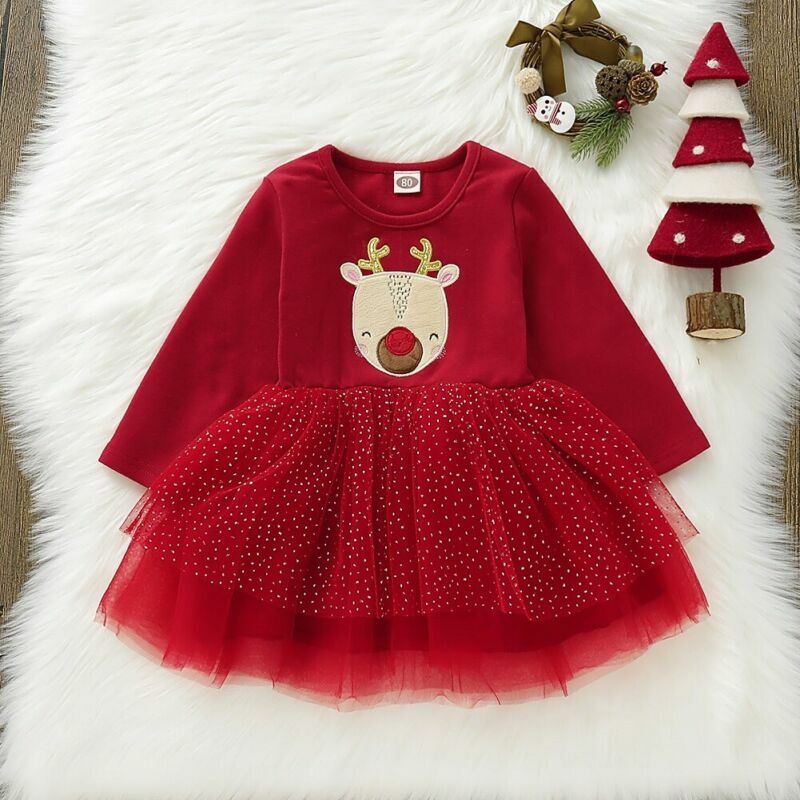 Xmas Kids Baby Girl Christmas Pageant Autumn Long Sleeve Lovely Fashion Tutu Lace Dress Princess Clothes Set