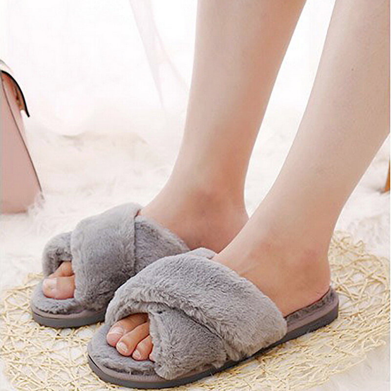 Women Fluffy Winter Slippers Cross Plush Open Toe Sandal Soft Flat Shoes Warm Faux Fur Slipper Home Female Comfort Shoes