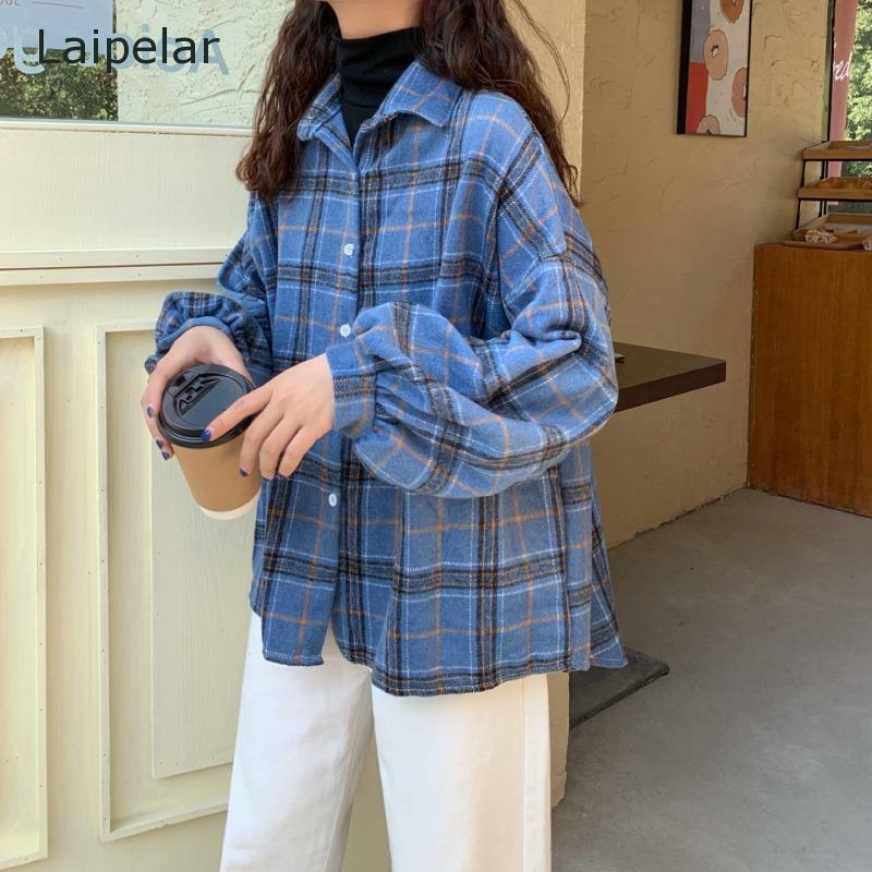 2020 Women's Fashion Retro Style Plaid Long-Sleeved Shirt All-Match Casual Cardigan Blouse Top