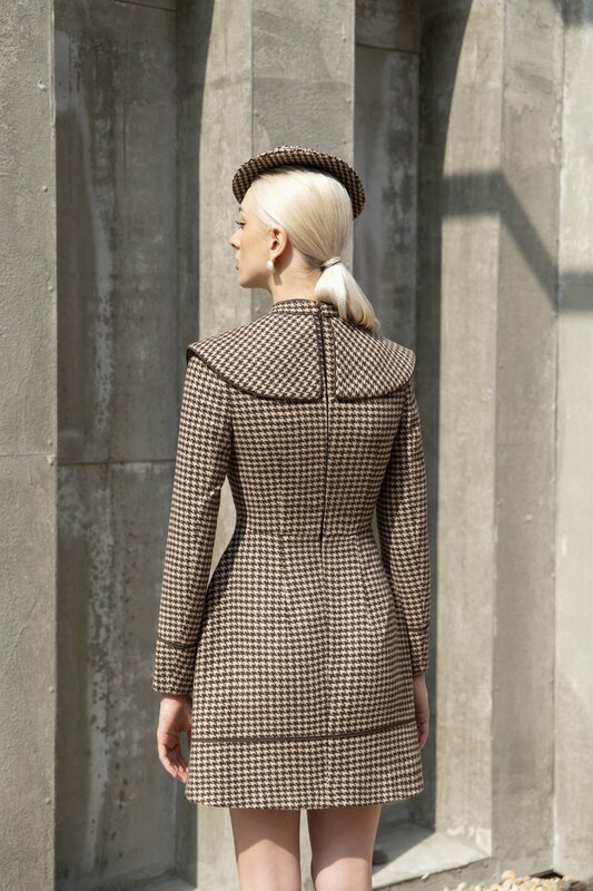 Tailor shop Retro Schlank und dünne dunkelbraun hahnentritt winter weibliche licht luxus kleid Semi-Formale Kleider