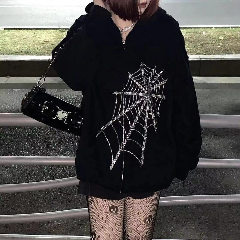 BiggOrange Black Hoodies Women Skull letter printing sweatshirt Vintage Gothic Harajuku Y2k Clothes Grunge Punk Jacket Tops