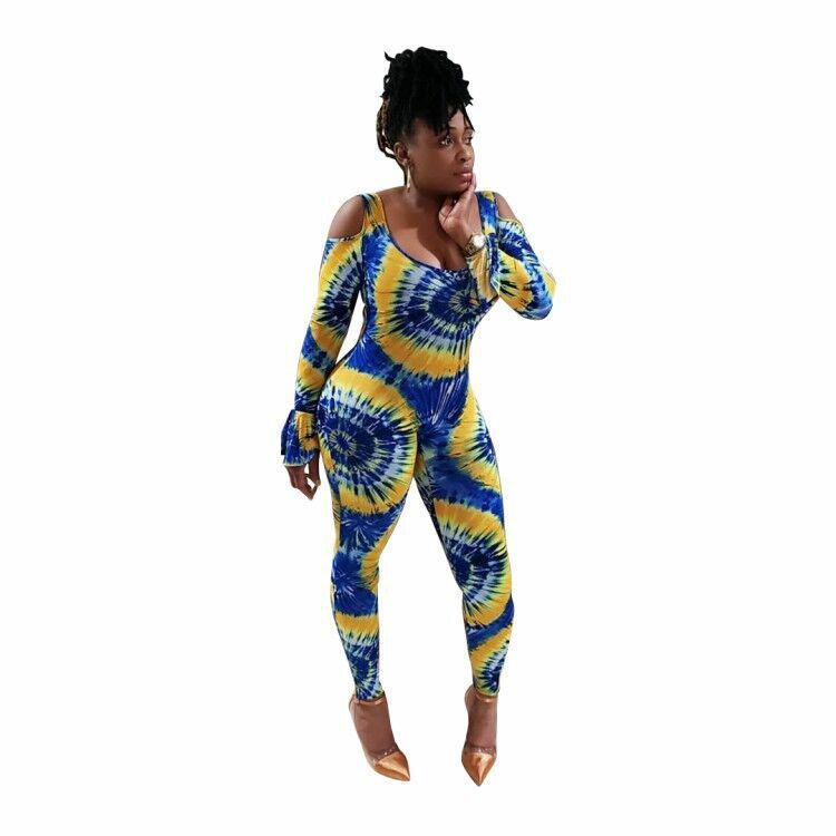 BKLD Jumpsuit 2020 Women Fashion Clothing Flare Sleeve Cold Shoulder Backless Tie Dye Printed Womens Jumpsuits Long Pants