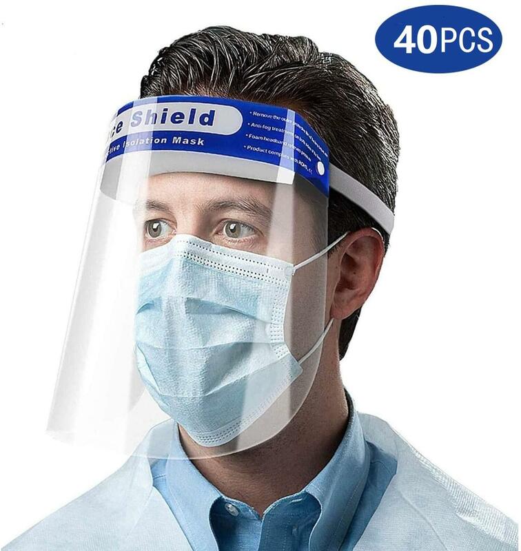 Mascarilla de protección facial ajustable, antivirus, antigotas, a prueba de polvo, visera lavable, 40 unids/lote