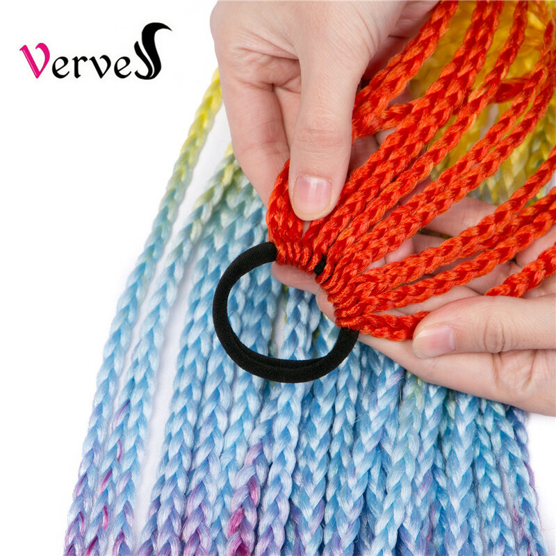 VERVES Synthetic Ponytail Hairpiece With Rubber Band Hair Ring 24 inch Box Braided Extensions for Children Girls Pink Rainbow
