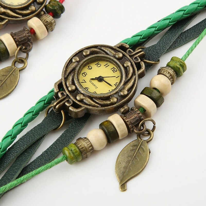 Vintage Womens Horloge Faux Lederen Horloge Armband Boom Blad Hanger Weave Bandage Quartz Horloge Klok