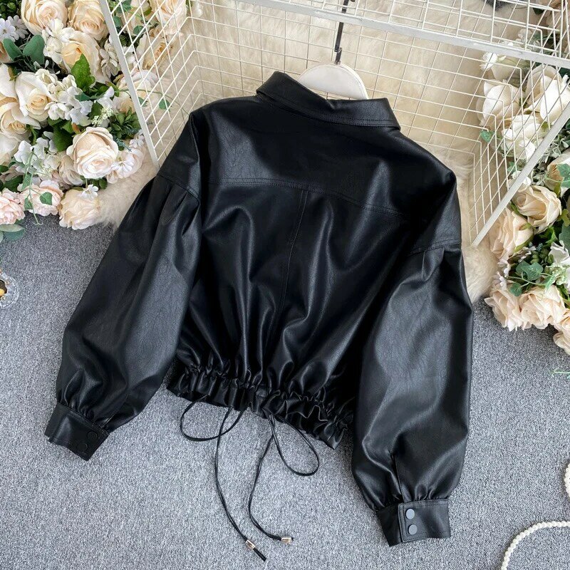 Casaco de couro vintage feminino, jaqueta de PU preta solta, peito único, curto punk, sobretudo de couro sintético, casaco feminino extragrande, novo, 2022