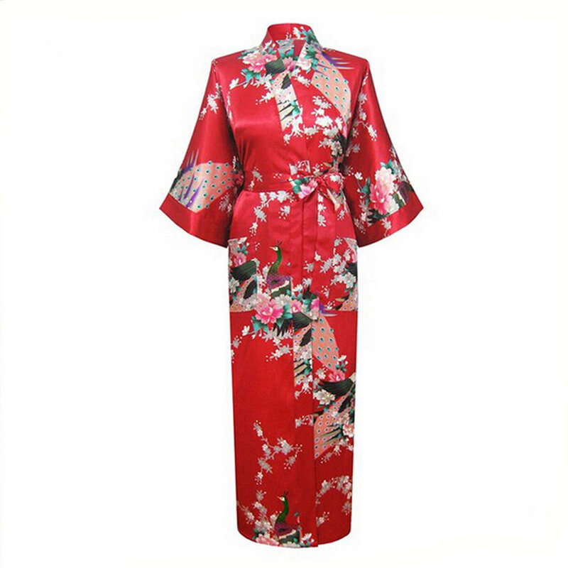 Mulheres pavão estampa cetim seda quimono vestido, camisola japonesa, noiva e madrinha robe, quimono sexy, Yukata roupão de banho, vestido de casamento