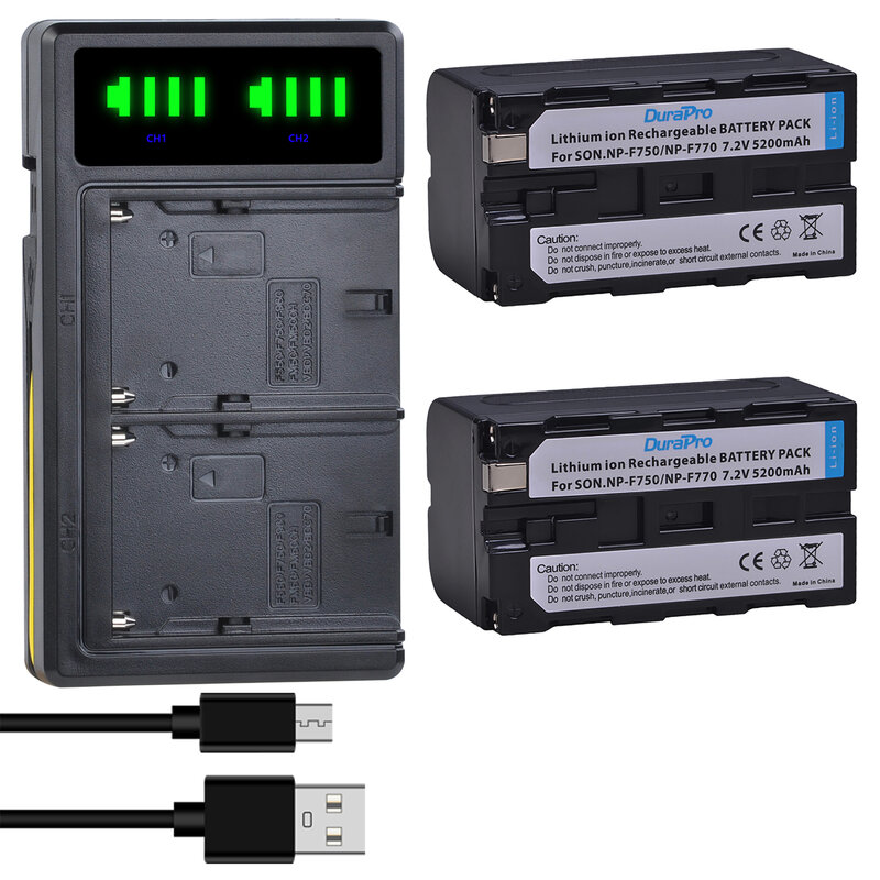 Bateria da câmera DuraPro e carregador USB duplo LED, luz de vídeo LED Sony, YN300Air IIQM91D, CCD-RV100, TRU47E, NP-F750, NP-F770, 5200mAh