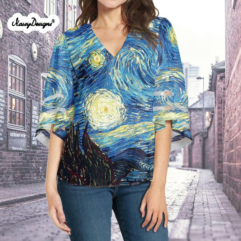 Noisydesigns-ゴッホプリントの女性用モスリンサマーシャツ,芸術的な絵画プリントの服,大きいサイズで利用可能,オフィスに最適,原宿