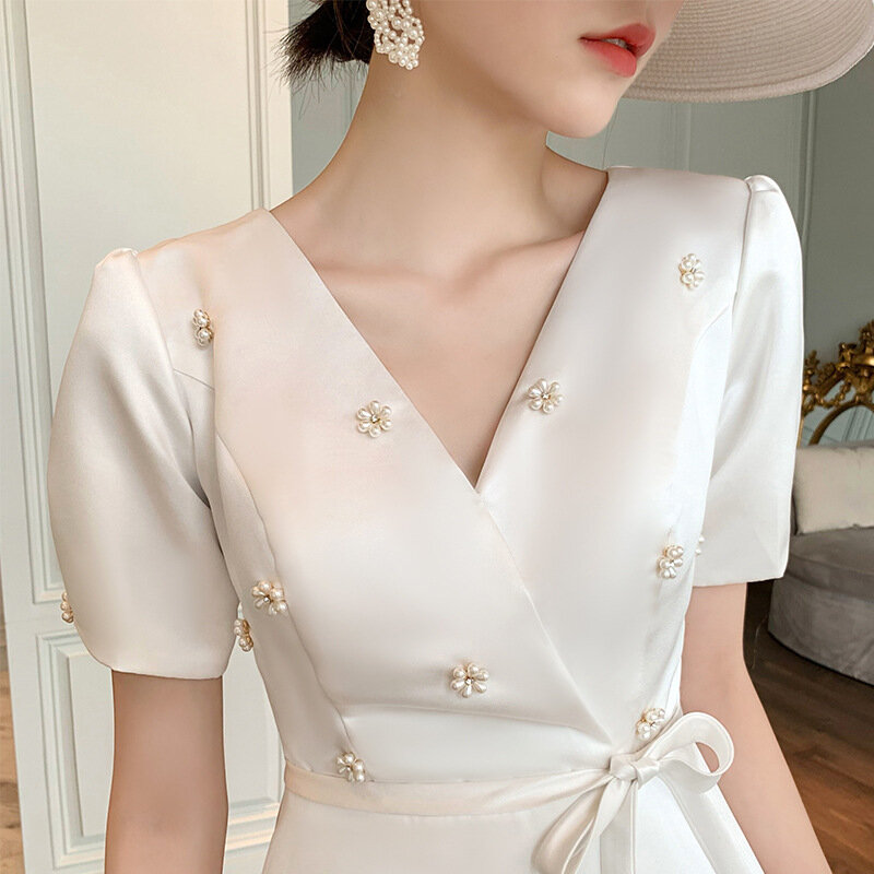 Gaun pesta leher V Perancis gaun malam lengan pendek bunga mutiara manik-manik wanita gaun Prom elegan putih Vestidos pengiring pengantin