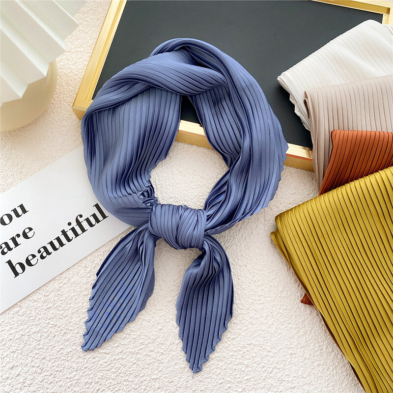 Women Small Satin Silk Scarf Triangle Pleated Solid Color Scarf Neck Hair Tie Band Handkerchief Bows Tie Scarves Female Foulard