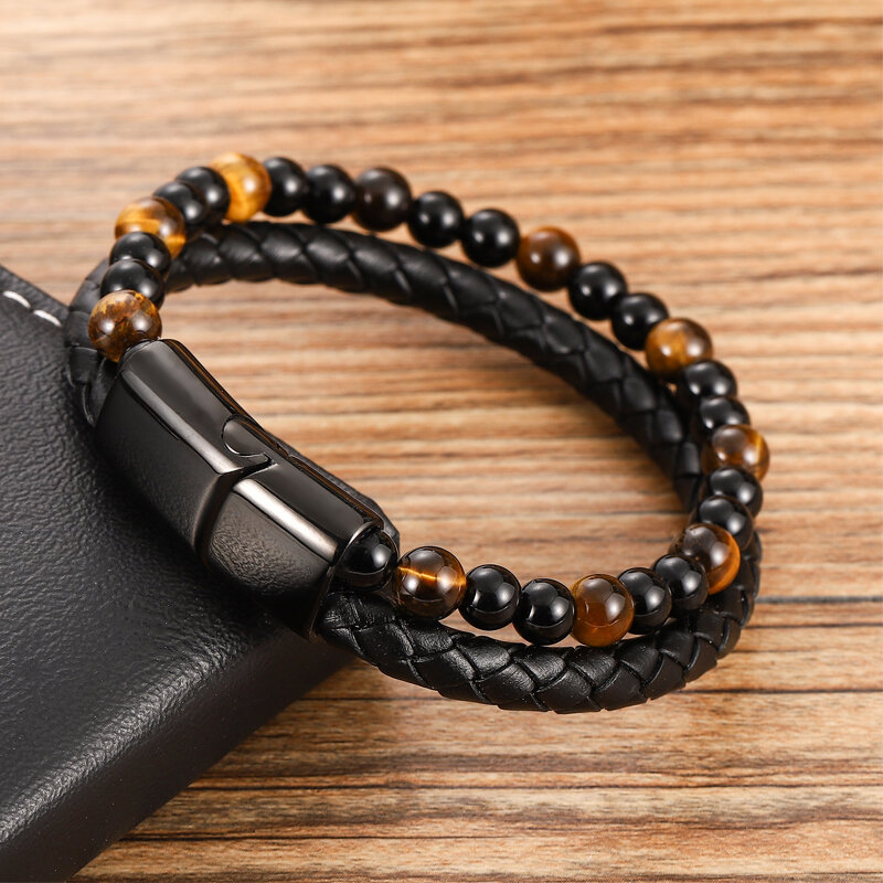 Bracelet à breloques pour homme, corde en acier inoxydable, pierre naturelle magnétique, cuir, perlé, pierre volcanique, bracelet, bracelets, chaîne, cadeau
