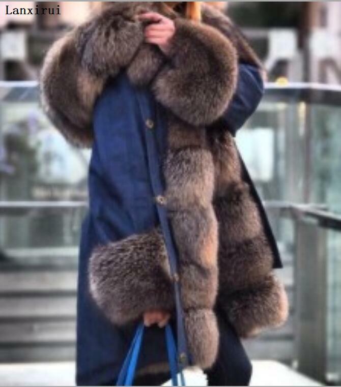 Lanxirui-따뜻한 여우털 라이너 고급 모피 칼라 후드 파카 롱 코트 여성용, 최고 품질, 겨울