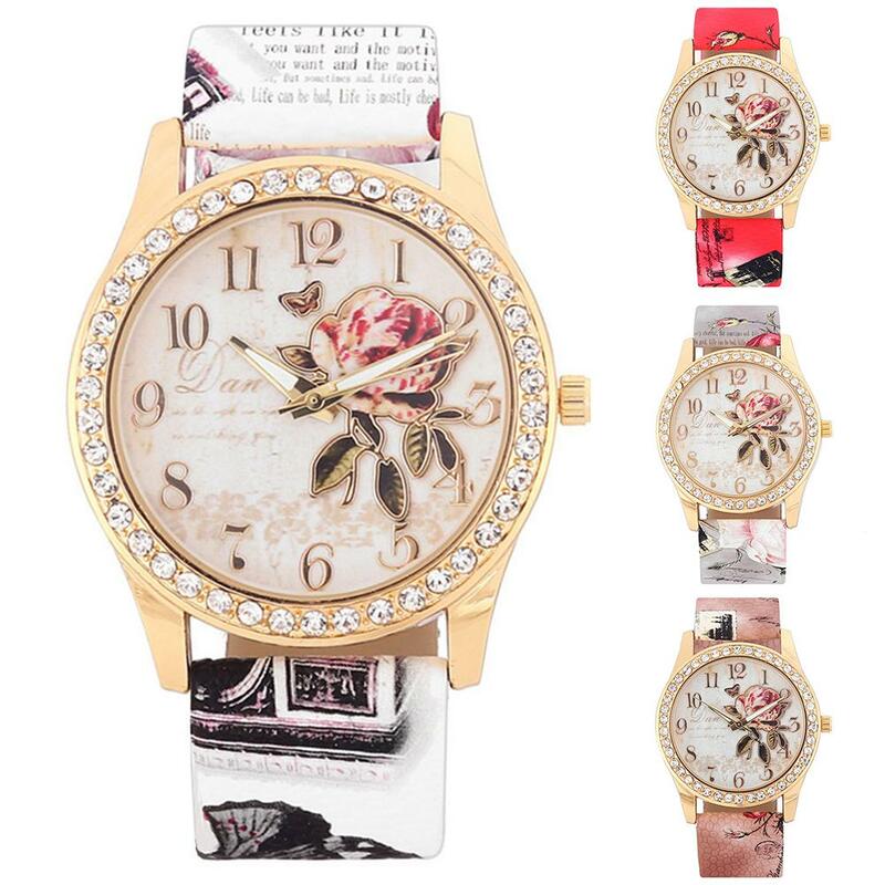 Mode Frauen Drucken Rose Muster Strass Armbanduhr Casual Uhr quarzuhr reloj mujer relogio feminino reloj hombre Ladi