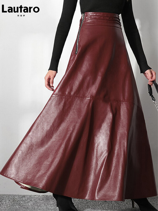Lautaro Autumn Long Black A Line Soft Faux Leather Skirt Women High Waist Blue Stylish Maxi Skirts Korean Fashion Clothing 2021