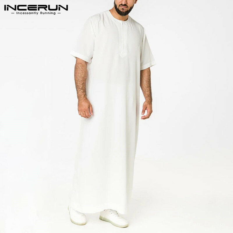 INCERUN Solid Color mężczyźni muzułmański islamski Kaftan szaty z krótkim rękawem O szyi Jubba Thobe Casual dubaj Arabia saudyjska Abaya mężczyźni ubrania