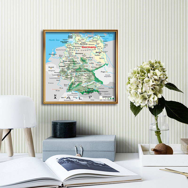 Póster de arte de pared con mapa orográfico de Alemania, pintura en lienzo para sala de estar, decoración del hogar, suministros escolares para niños, 60x60cm