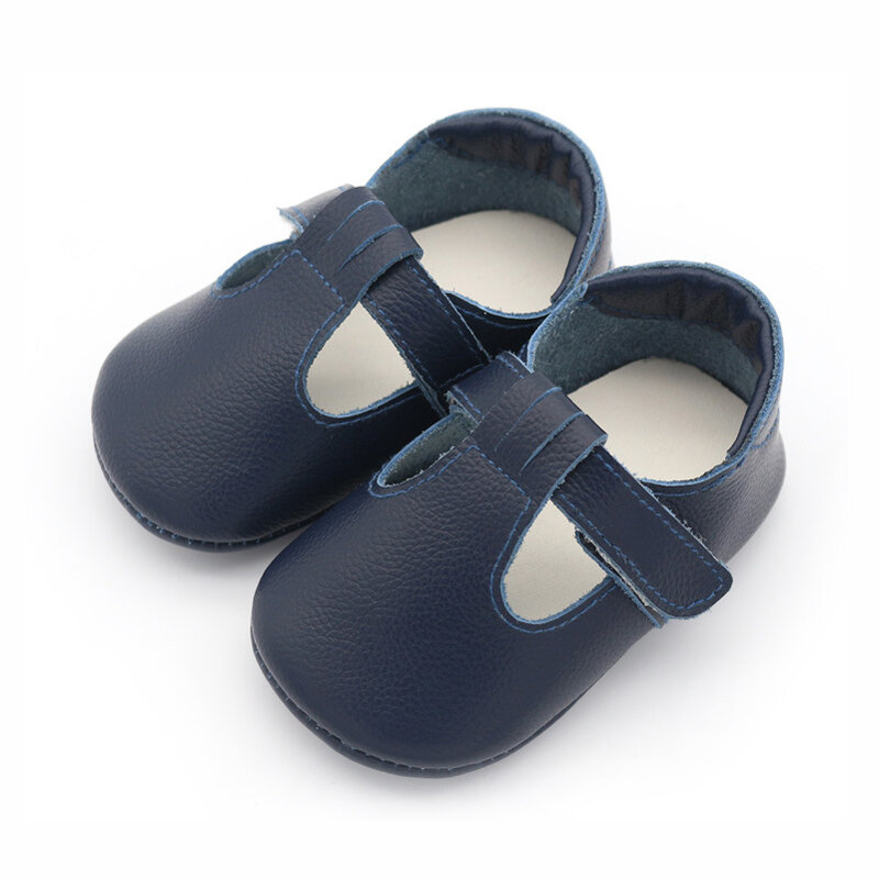 Primeros pasos de cuero genuino con correa en T para bebés y niños pequeños, zapatos antideslizantes para bebés de 0 a 24 meses