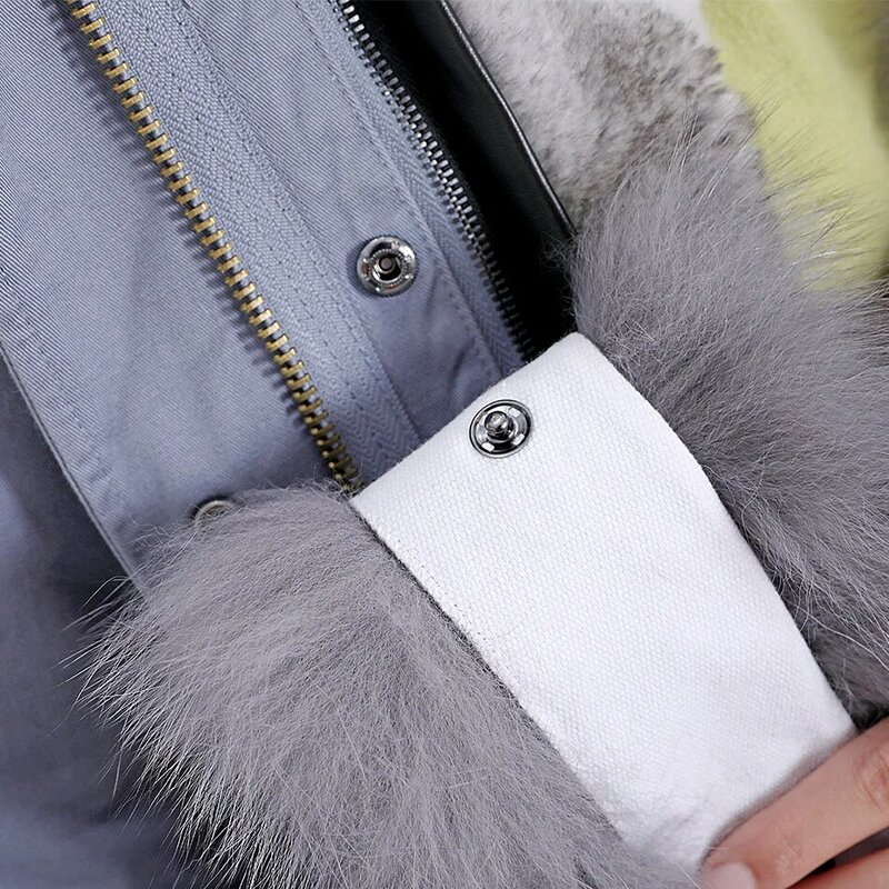 Maomaokong-abrigo largo de piel de zorro mapache natural para mujer, parkas con forro de piel de conejo real, chaqueta de invierno