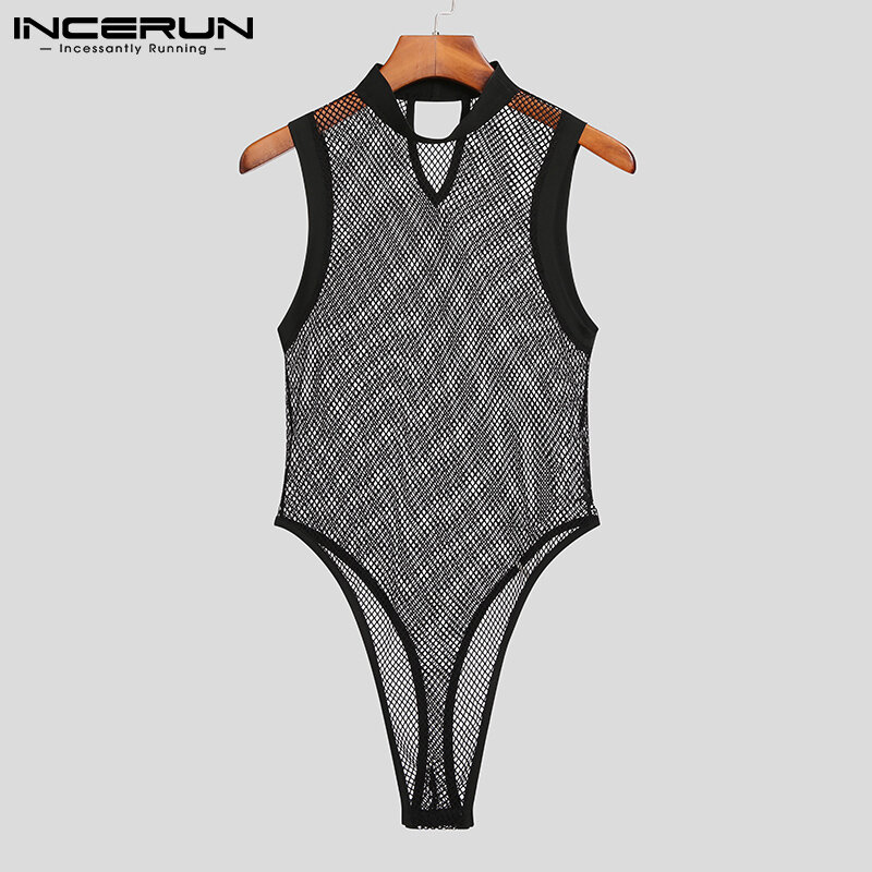INCERUN-Bodysuit sem mangas de patchwork masculino, Homewear, ver através, macacão fino, roupa interior respirável, bodysuits sexy, 2023