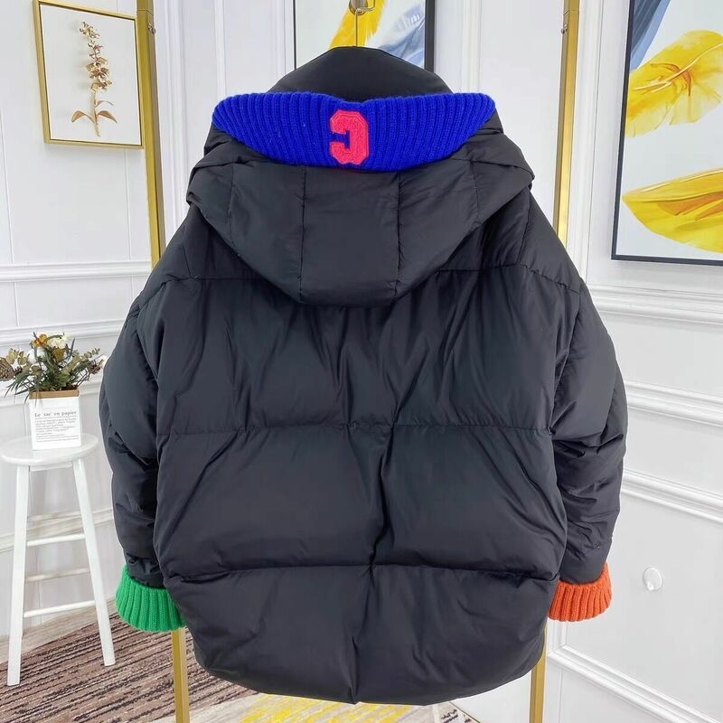 Winter 2021 new fashionable western style knit letter C white duck down thin down jacket for women colourf sleeve hooded coat