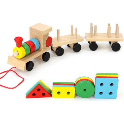 Juguetes de madera trenes pequeños de tres formas/bebé juguete de madera tren geométrico educativo