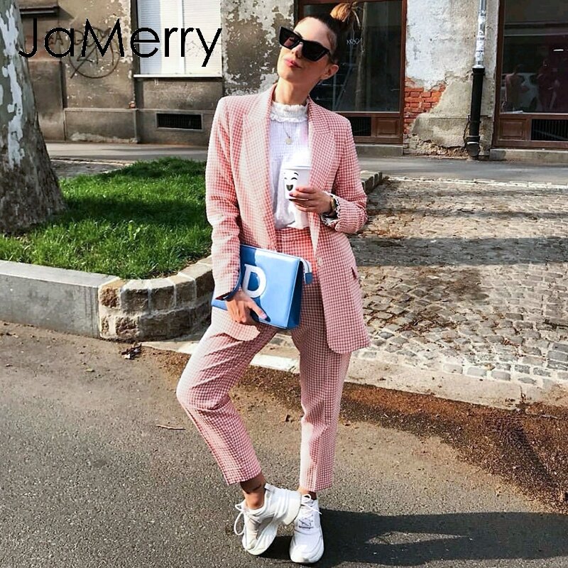 Jamerryヴィンテージカジュアルな女性ピンクのチェック柄ブレザースーツ秋シングルブレスト長袖女性オフィスパンツスーツ冬生き抜く