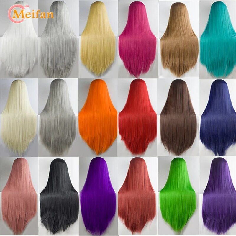 MEIFAN Synthetic Lolita Cosplay Wig Blonde Blue Red Pink Green Purple Hair for Cosplay Party 100CM Long Straight Wigs for Women