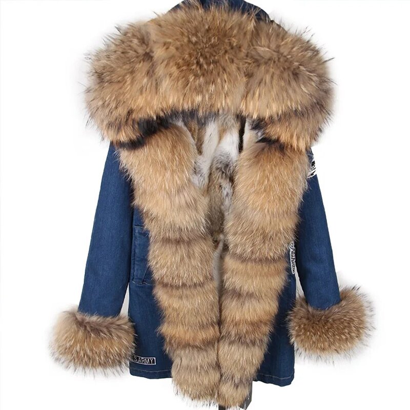Maomaokong Real Raccoon Fur Coat Fox Collar Denim Coats Winter Jackets Women Parkas Hooded Real Rabbit Fur Liner Women's Jacket