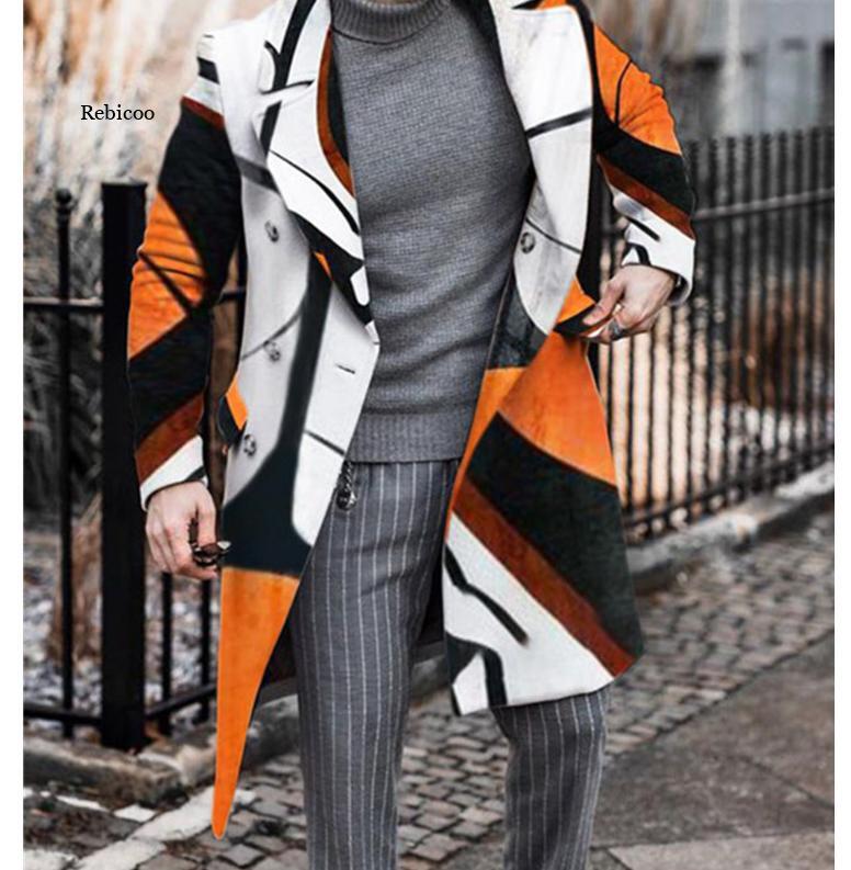 새로운 가을 겨울 바람막이 남성 코트 패션 유행 옷깃 인쇄 재킷 더블 브레스트 중간 길이 남성 코트