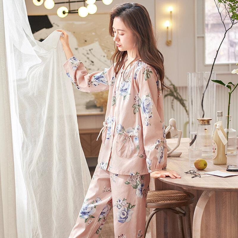 Phụ Nữ Cổ Tròn Họa Tiết Hoa Pyjama Set Áo Cardigan Nữ Dài Tay Bộ Đồ Ngủ Dệt Full Cotton Đồ Ngủ Loungewear Nữ Bộ Pijamas Mujer "3XL
