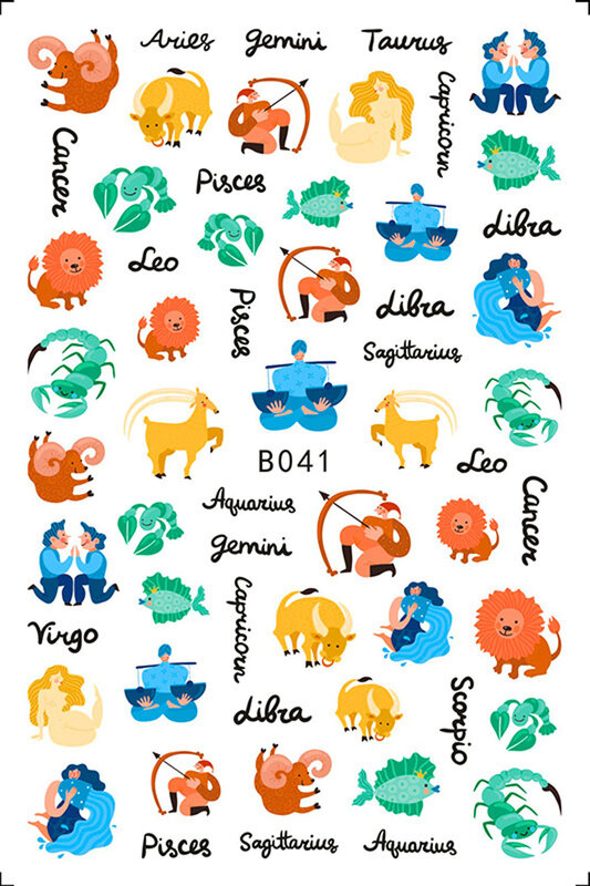 Zodiac Sign Nail Art Sticker, Designs, Sliders, Envoltório, Dicas Decorações, Auto-Adesivo, 12 Constelações, Bonito, Desenhos Animados, 1Pc