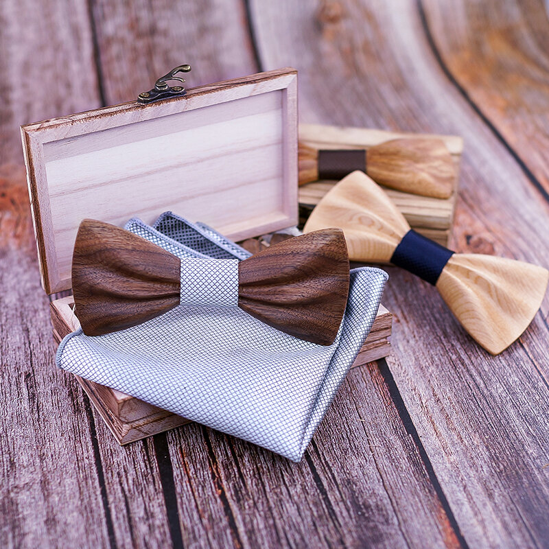 ออกแบบใหม่ไม้ Bow Tie สำหรับงานแต่งงานลายสก๊อต Pocket Square Cufflinks เข็มกลัด Bowtie ชุด Mens Hanky Ties Cadeau homme