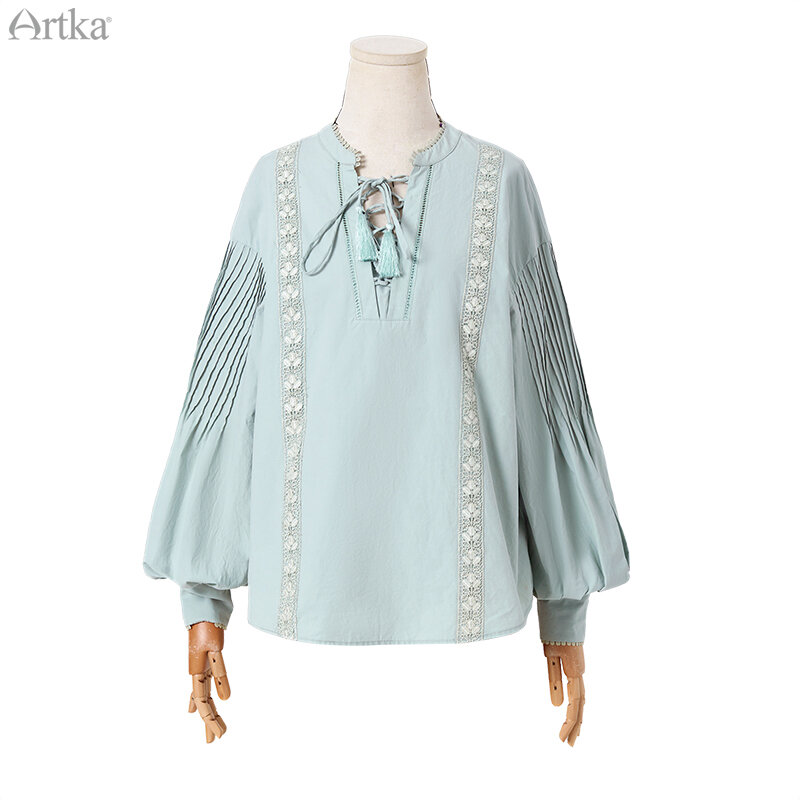Blusa feminina vintage bordada, manga lanterna e borla, moda primavera 2020 algodão