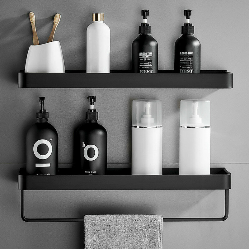 HOShelf-Étagères d'angle murales en aluminium, sans perceuse, rangement de douche, noir T1, porte-shampooing de toilette