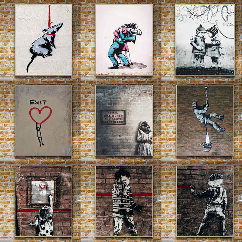 Banksy Graffiti Art ภาพวาดผ้าใบ Street Wall ภาพวาด Love Little Boy โปสเตอร์ห้องนั่งเล่น Corridor Bar ตกแต่งบ้านภาพจิตรกรรมฝาผนัง