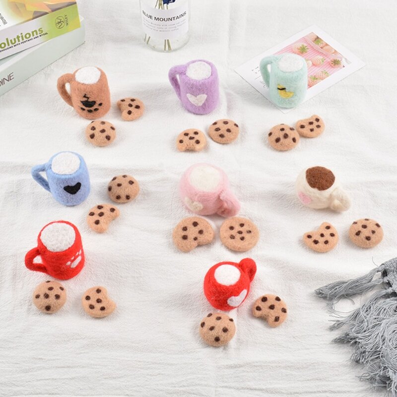 3Pcs DIY Baby Wolle Filz Milch Tee Tasse + Cookies Dekorationen Neugeborene Fotografie Prop G99C