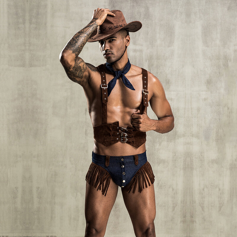 Uniforme de cowboy sexy pour hommes, ensemble de cosplay, costume de danse de bar gay, tenue de jeu, 4 pièces
