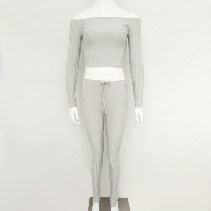 Conjunto de duas peças de algodão feminino, top curto com gola slash para o pescoço e calça lápis, manga comprida, roupas de 2 peças