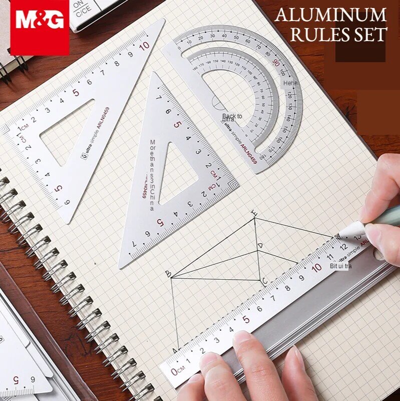 4 unids/set M & G de Metal de aluminio gobernante de matemáticas compás de dibujo y los gobernantes de lápiz para estudiantes papelería negro/plata