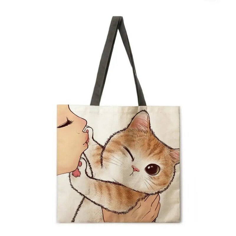 Kissing cat casual tote bag linen bag reusable shopping bag outdoor beach bag casual tote bag