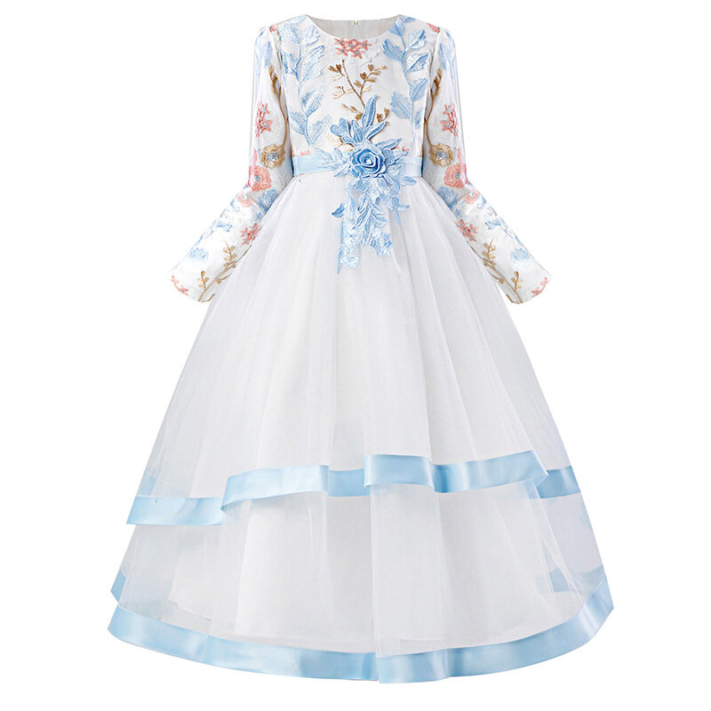 Vestido de dama de honor romántico de flores para niña, vestido de encaje largo bordado, vestido de fiesta para niña de flores 2020